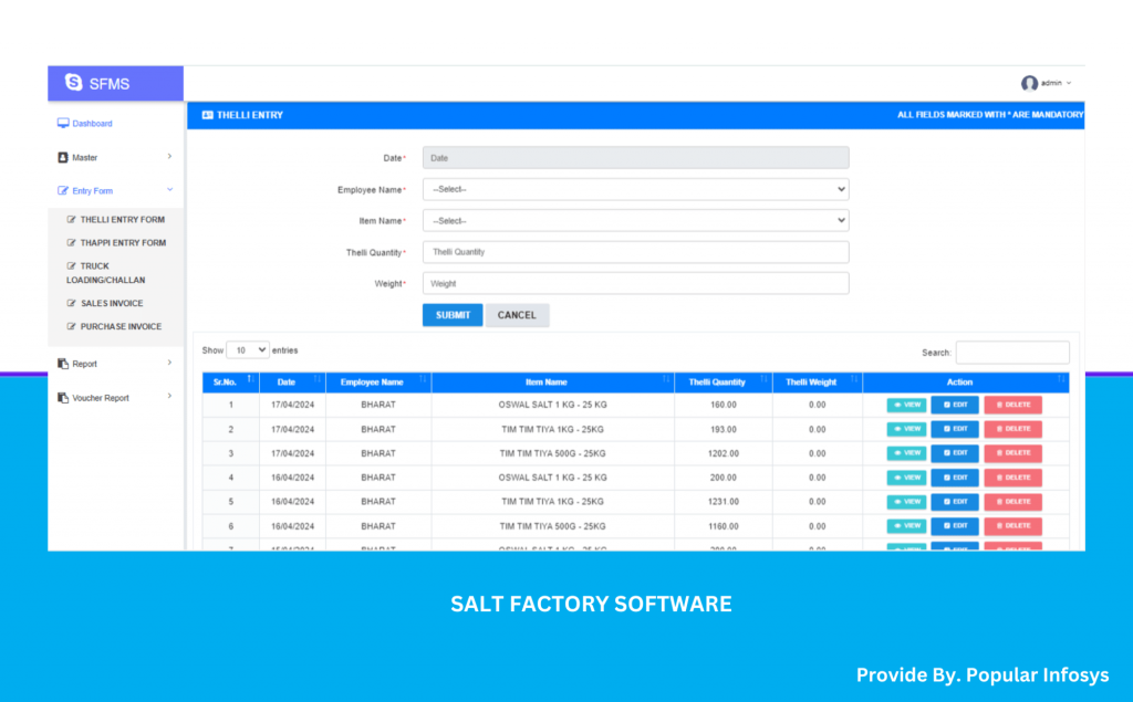 Thelli Entry Form Salt Factory Software
