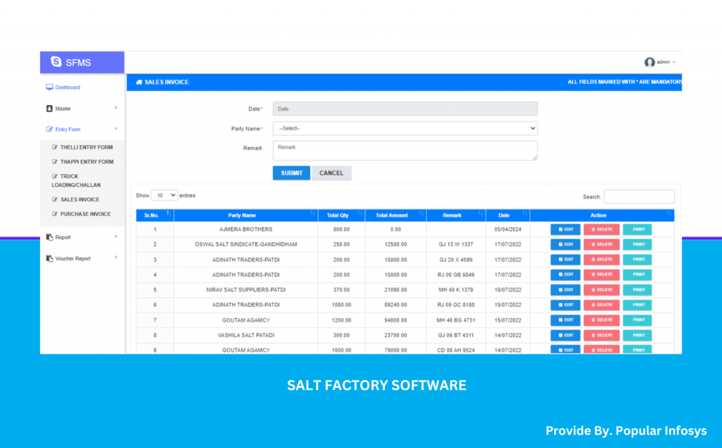Sales Invoice Salt Factory Software