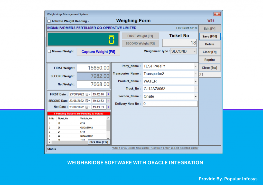 Weighment Entry Screen with Oracle