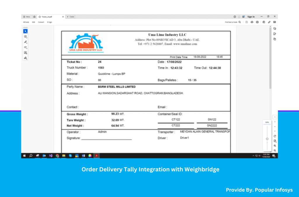 Order Delivery Tally Integration with Weighbridge Provider Company